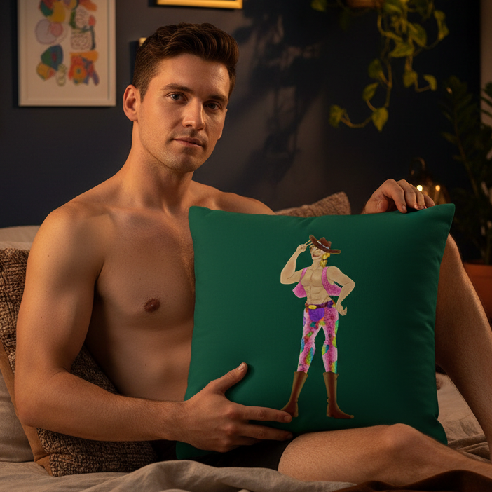 Shirtless person on bed holds Gay Cowboy Pillow with a cowboy in colorful pants