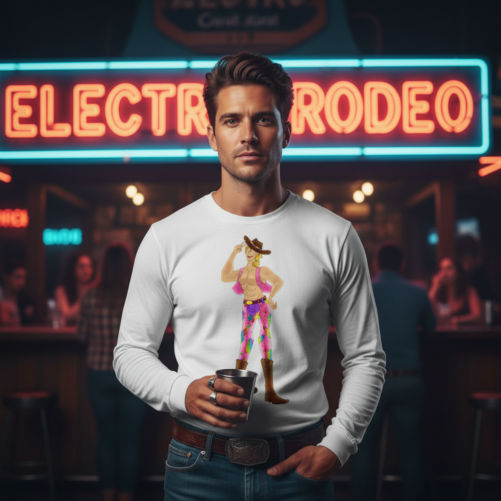Person wearing a white long-sleeve shirt with a colorful cowboy graphic in a neon-lit bar