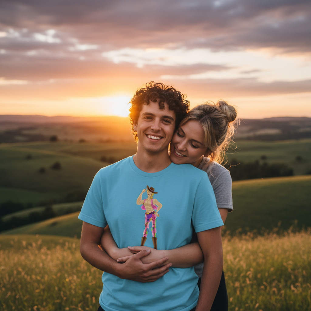 Gay Cowboy Unisex T-Shirt with cartoon cowboy print, worn by a smiling couple at sunset in a grassy field