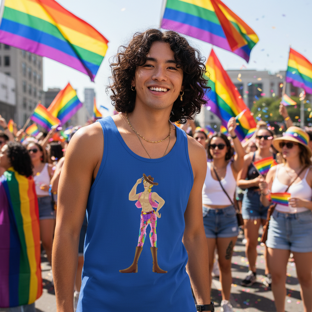 Gay Cowboy Unisex Tank Top with a cartoon cowboy in rainbow pants, worn at Pride amidst rainbow flags, confetti