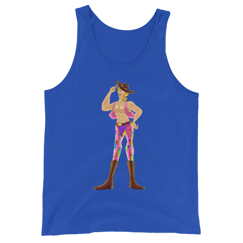 Gay Cowboy Unisex Tank Top with a cartoon cowboy in rainbow pants, worn at Pride amidst rainbow flags, confetti, and queer joy.