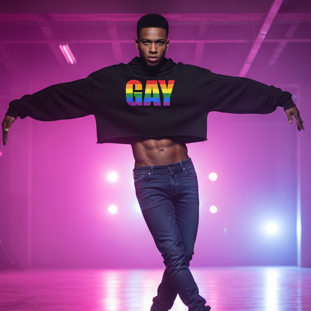 Gay crop hoodie with "GAY" in rainbow letters, rocked by a person on a pink-purple stage, arms wide, queer and proud
