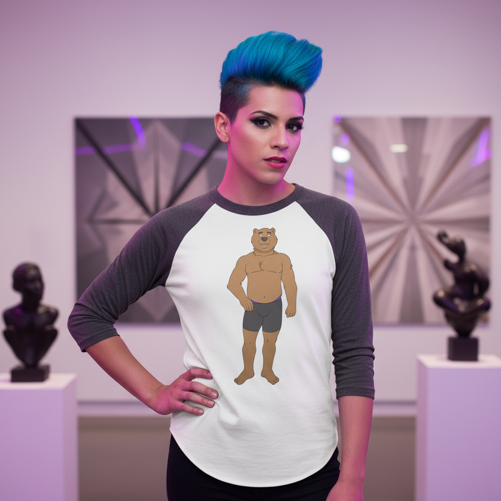 Gay Cub 3/4 Sleeve Raglan Shirt with bold blue sleeves, cartoon bear in shorts, worn by a queer person in an art gallery.