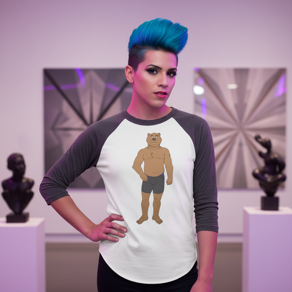 Gay Cub 3/4 Sleeve Raglan Shirt with bold blue sleeves, cartoon bear in shorts, worn by a queer person in an art gallery.