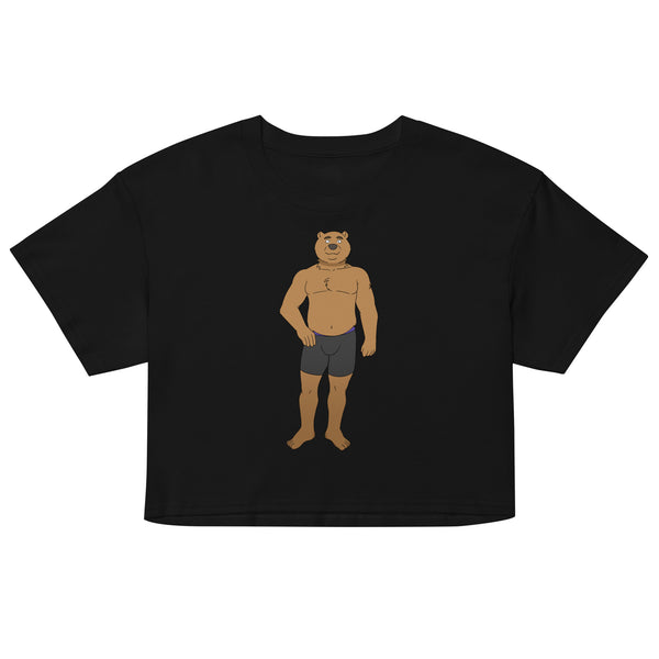 Front view of a black crop top with a cartoon bear in gray briefs and a purple waistband