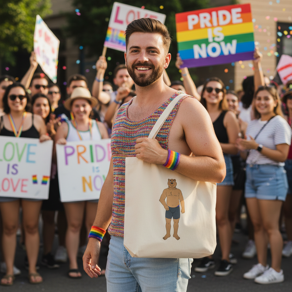 Person carrying a cream tote with a bear illustration at a Pride parade