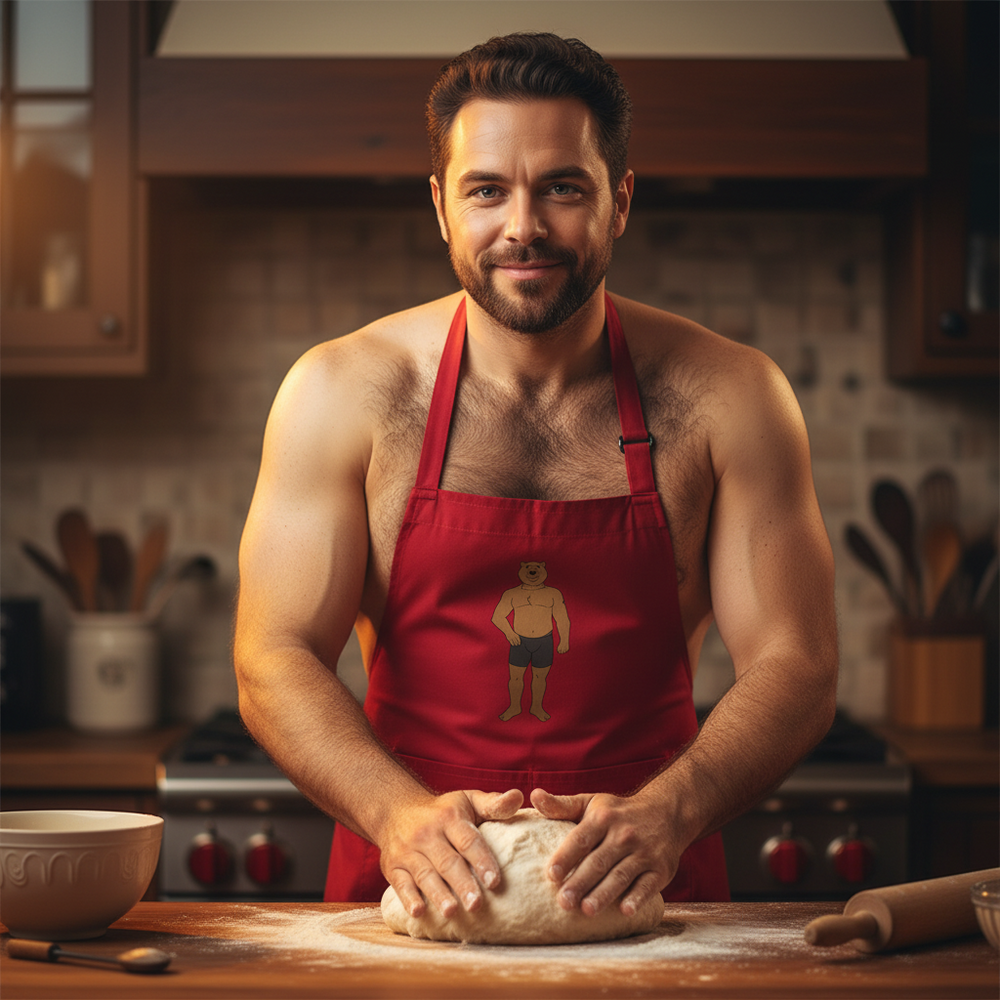 Muscular person in a bright red Gay Cub Organic Cotton Apron shapes dough