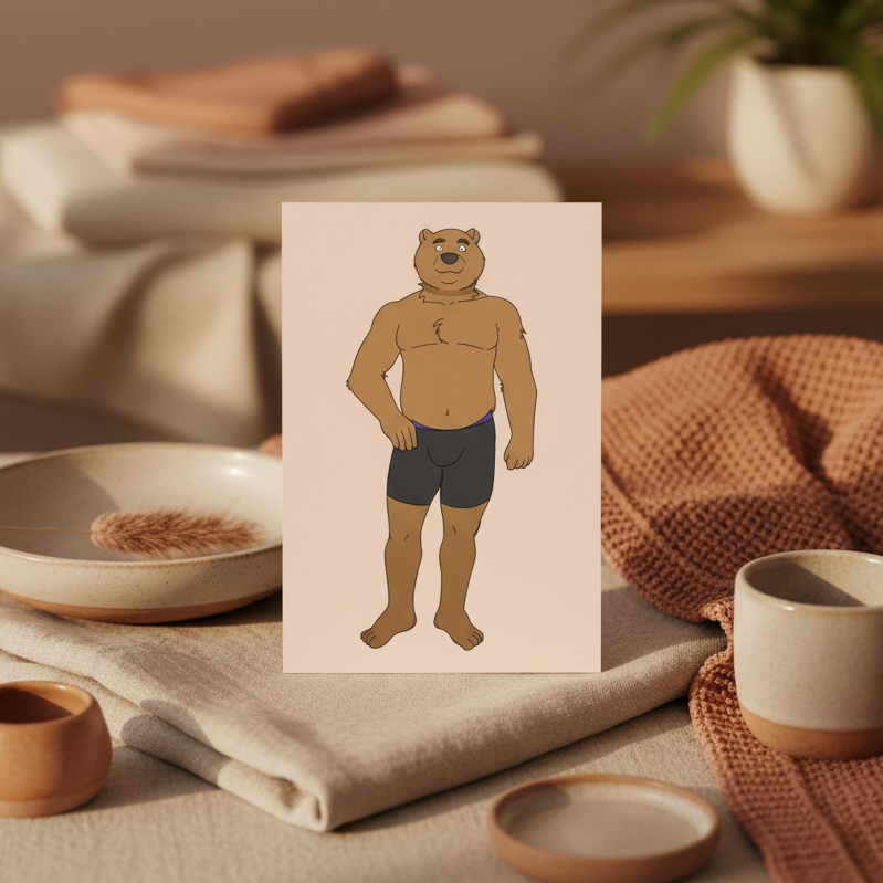 Gay Cub Postcard shows a queer bear in black shorts, surrounded by beige dishes, textured fabrics, plants, and warm sunlight.