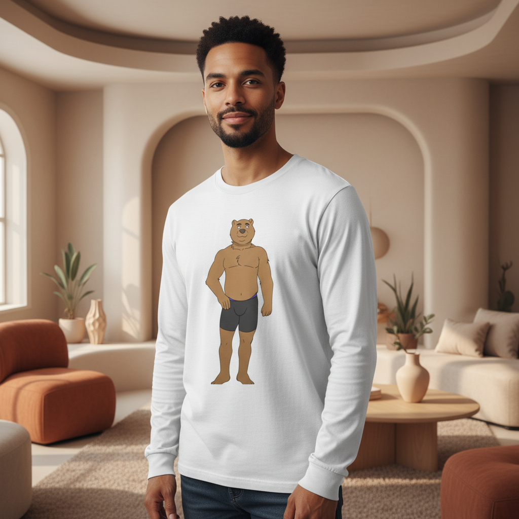 Gay Cub Unisex Long Sleeve T-Shirt with a cartoon muscle bear in boxers, worn by a person in an earth-toned