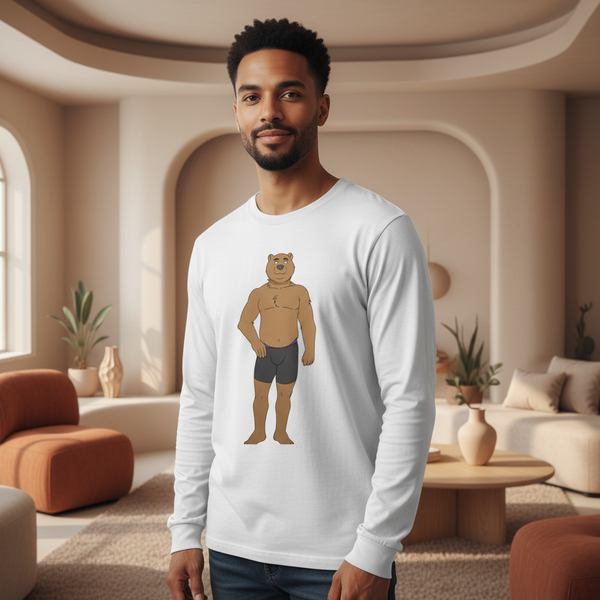 Gay Cub Unisex Long Sleeve T-Shirt with a cartoon muscle bear in boxers, worn by a person in an earth-toned