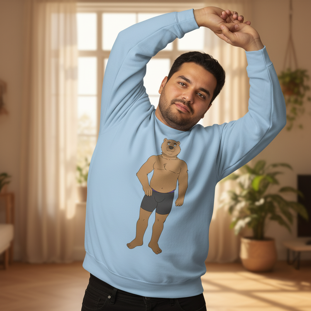 Gay Cub Unisex Sweatshirt in light blue, with a cartoon bear in boxers