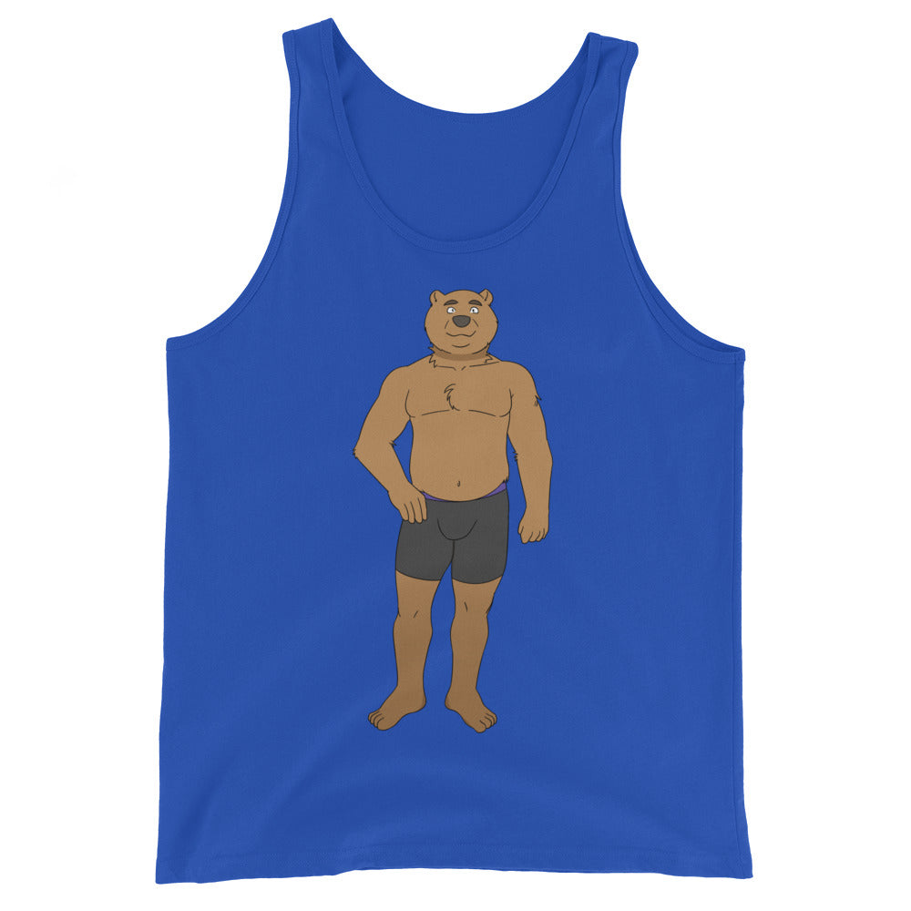 Blue tank top with a centered cartoon bear wearing dark briefs