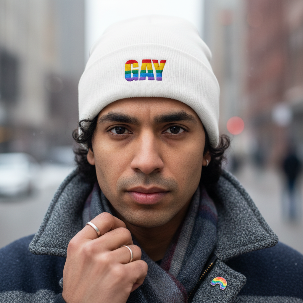 Gay Cuffed Beanie in white with "GAY" in rainbow letters, worn by a dark-haired person in a gray coat and rings