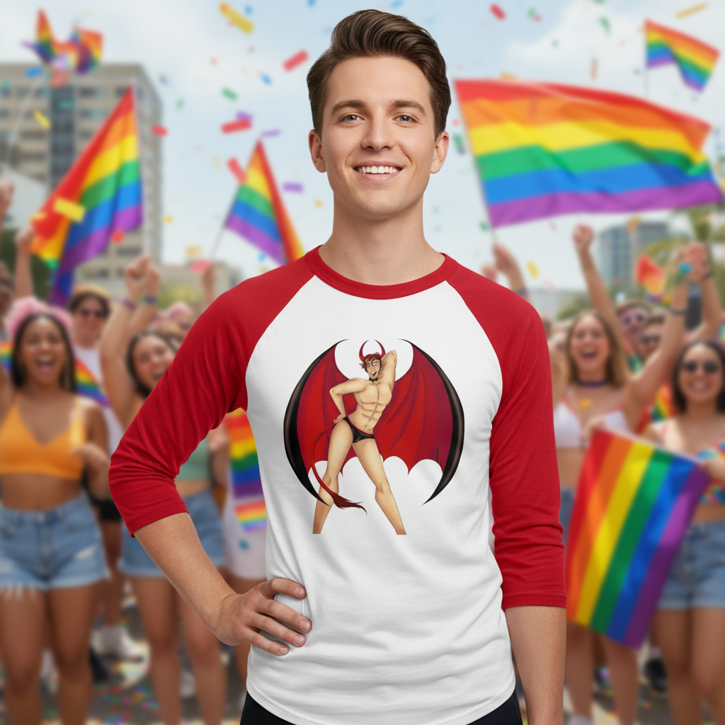 Smiling person in a white raglan shirt with red three-quarter sleeves and a devil graphic at Pride