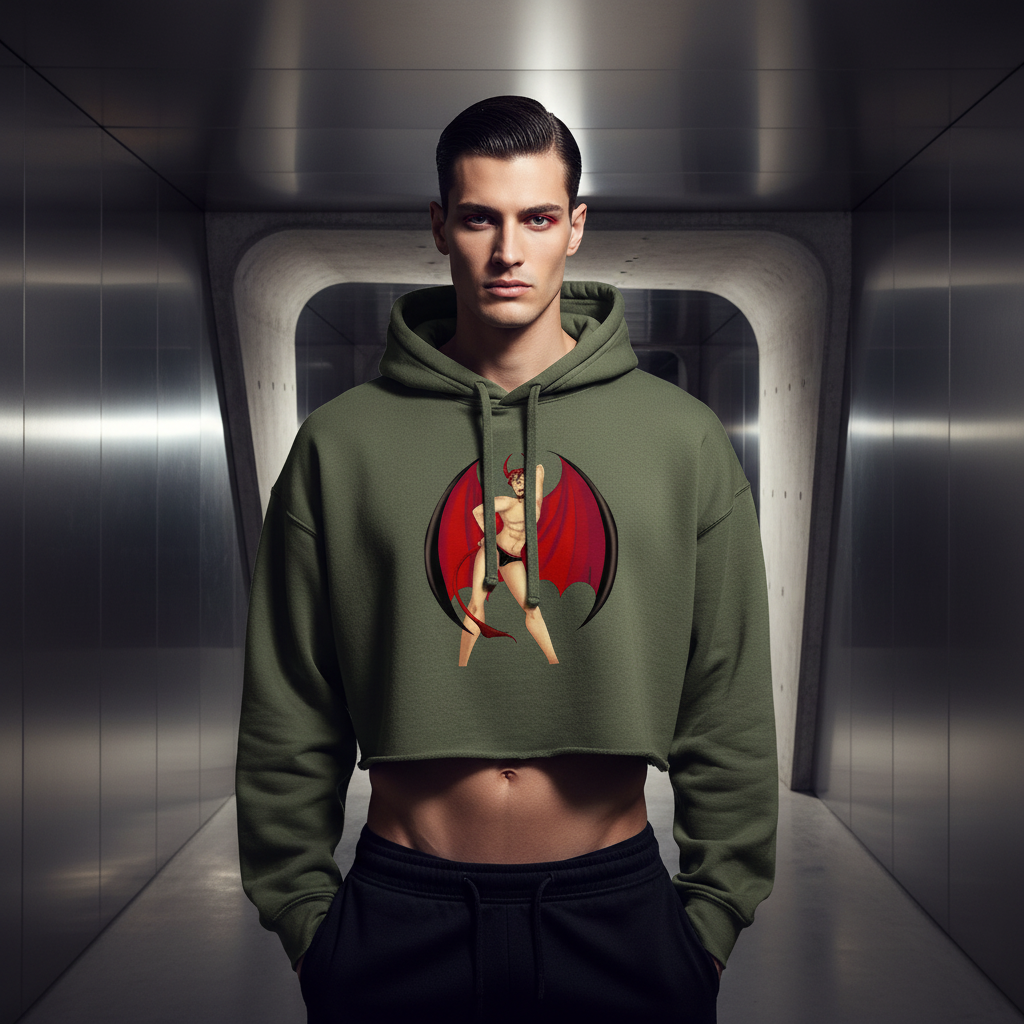 Gay Devil Crop Hoodie in olive green, featuring winged, horned pride graphic