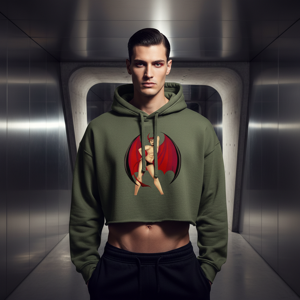 Gay Devil Crop Hoodie in olive green, featuring winged, horned pride graphic