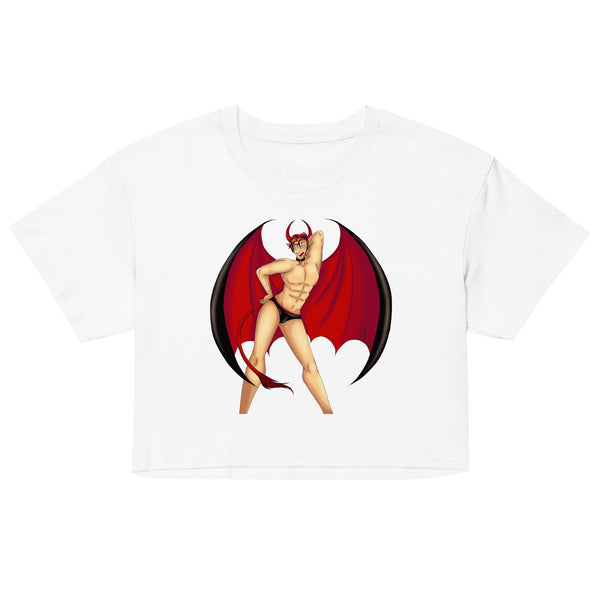undies twinks: Gay Devil Crop Top and black undies on a short-blonde queer, posing in an art studio with rainbow fabric and