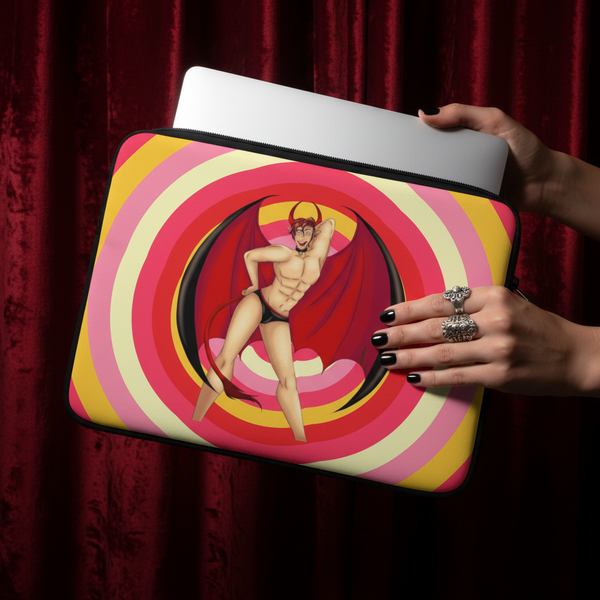 Laptop sleeve held open, showing a muscular horned devil in a black thong on concentric pink, red, yellow, and cream circles
