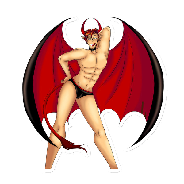 Circular magnet showing a shirtless horned demon in black briefs with red wings and a tail