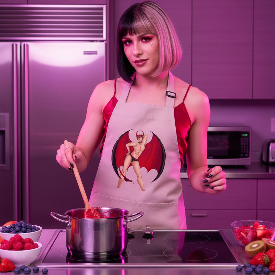 Person wearing a pale apron with a winged devil graphic stirs a saucepan in a pink-lit kitchen