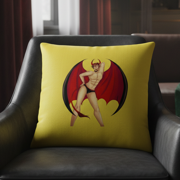 Yellow Gay Devil Pillow on a black armchair features a muscular person in underwear with red horns and bat wings