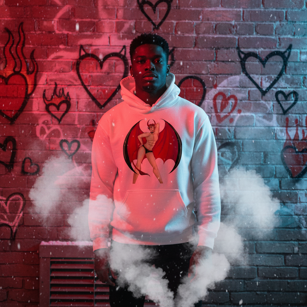 Model in a light hoodie with a pin-up devil graphic, posed before a graffiti heart wall