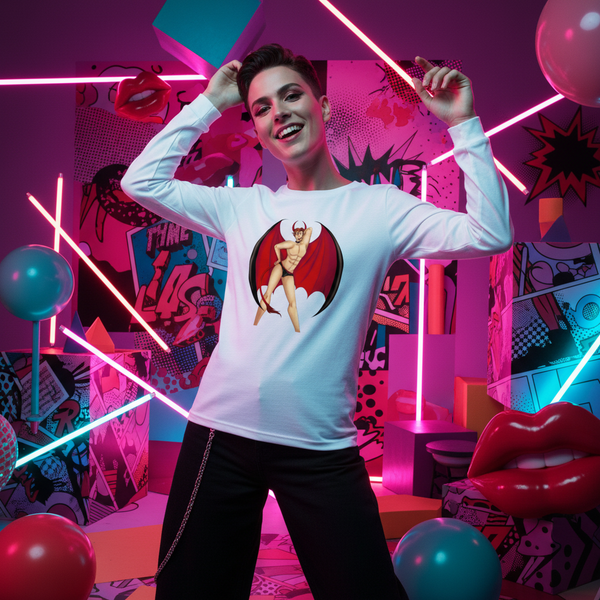 Smiling model in a white long-sleeve shirt with a winged devil graphic