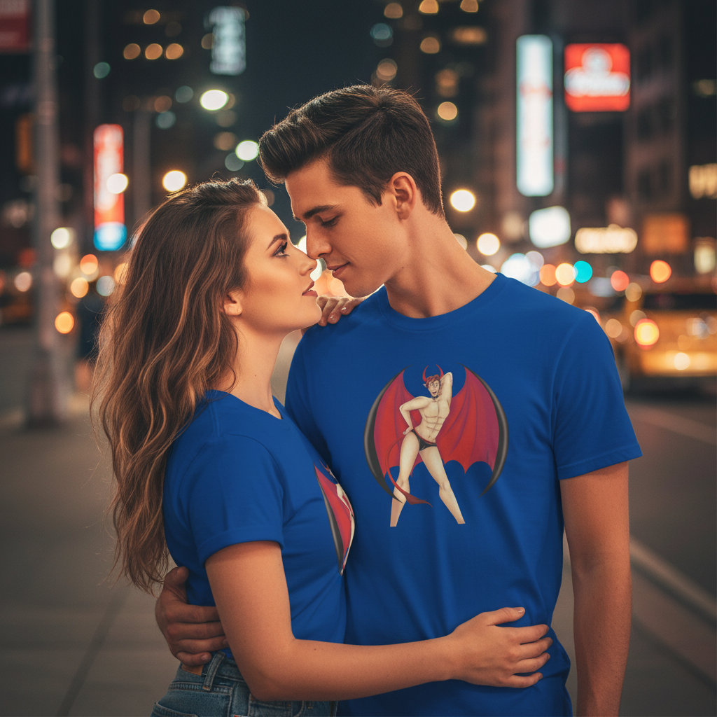 Gay Devil unisex t-shirts with a red-winged cartoon superhero, worn by a queer couple on a city street at night