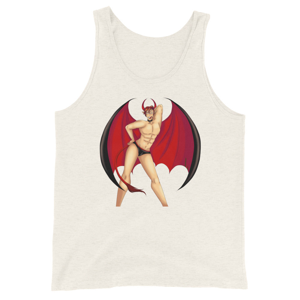 Beige unisex tank top with a playful cartoon devil—red and black wings, horns, pointed tail—a fun queer pick for pride style.
