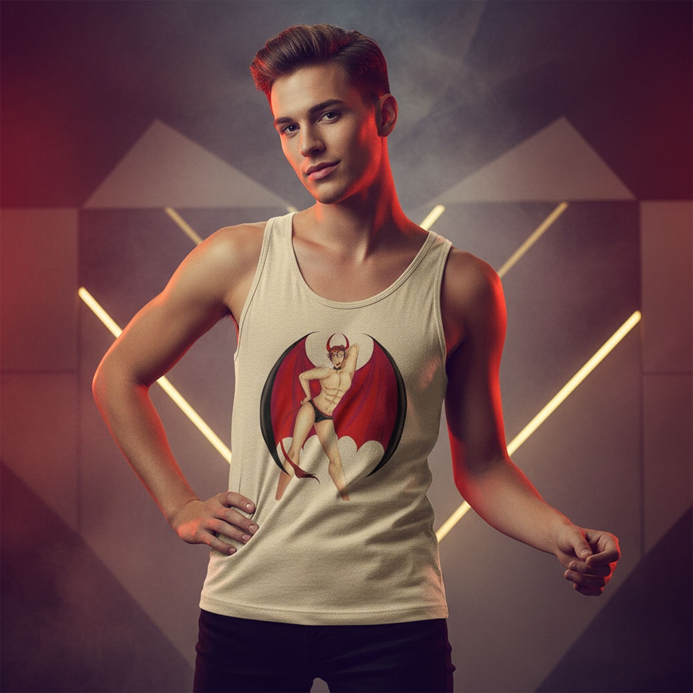Gay Devil Unisex Tank Top with vintage devil art—horns, wings, and red cape—styled on a queer model against a moody backdrop.