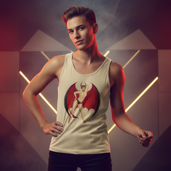 Gay Devil Unisex Tank Top with vintage devil art—horns, wings, and red cape—styled on a queer model against a moody backdrop.