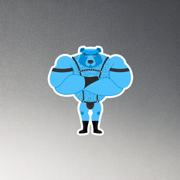 Front-facing blue cartoon bear magnet in black leather harness, briefs, and boots