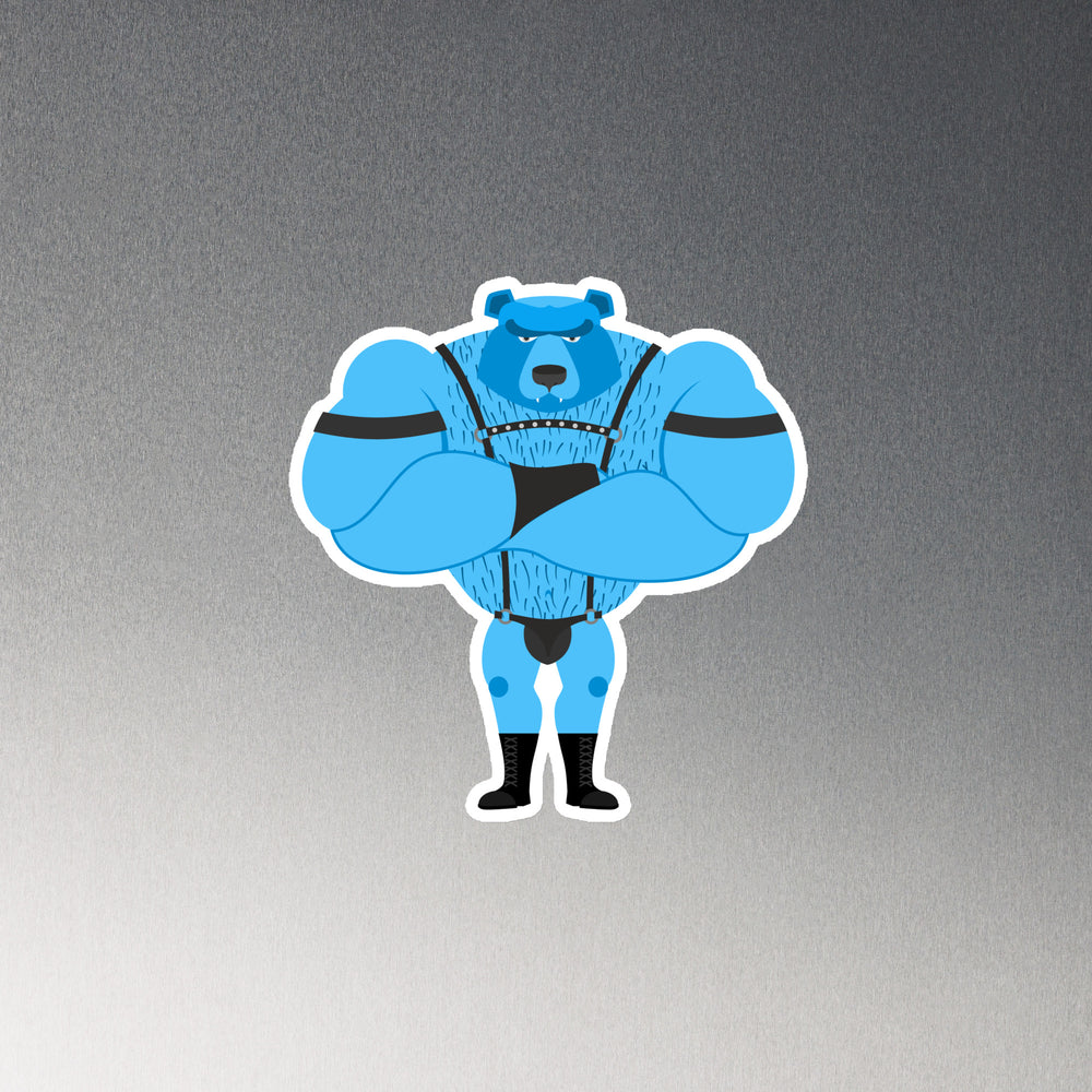 Front-facing blue cartoon bear magnet in black leather harness, briefs, and boots