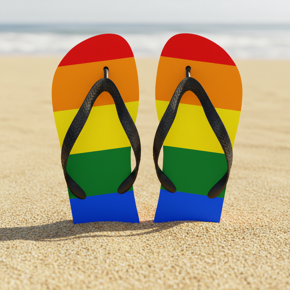Rainbow flip-flops with bold stripes and black straps