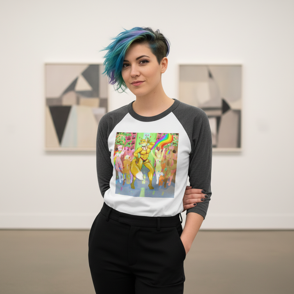 Gay Furry Pride 3/4 sleeve raglan shirt, vibrant surreal people and rainbow print