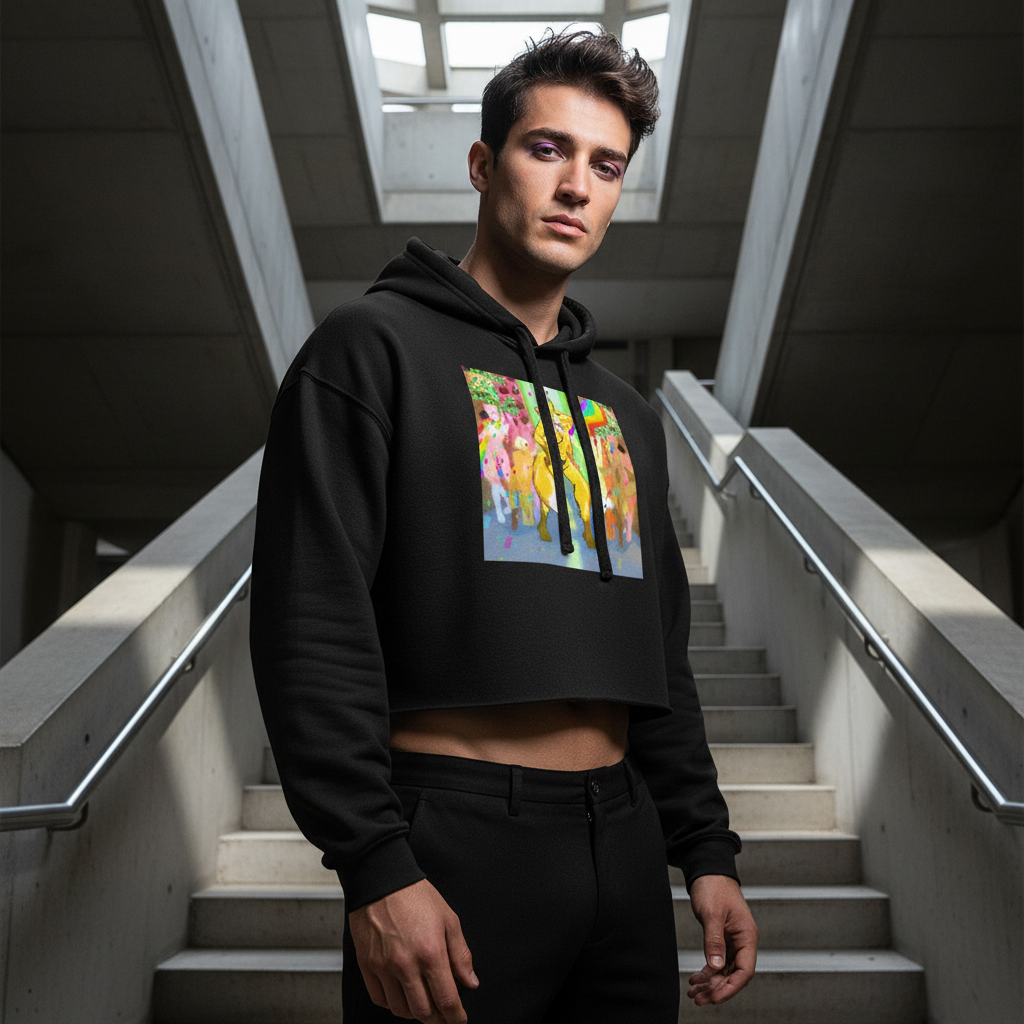 Gay Furry Pride crop hoodie with bold, colorful abstract design worn by a confident person