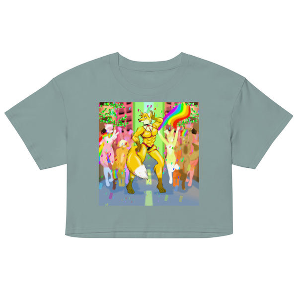 Front view of a sage-green crop top with a colorful dancing fox furry Pride graphic