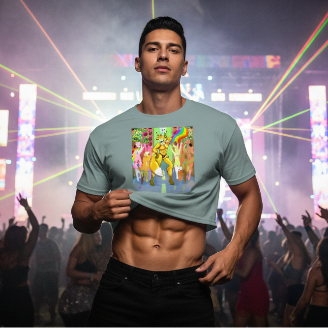person lifting a sage-green crop top with a colorful dancing animal graphic at a club