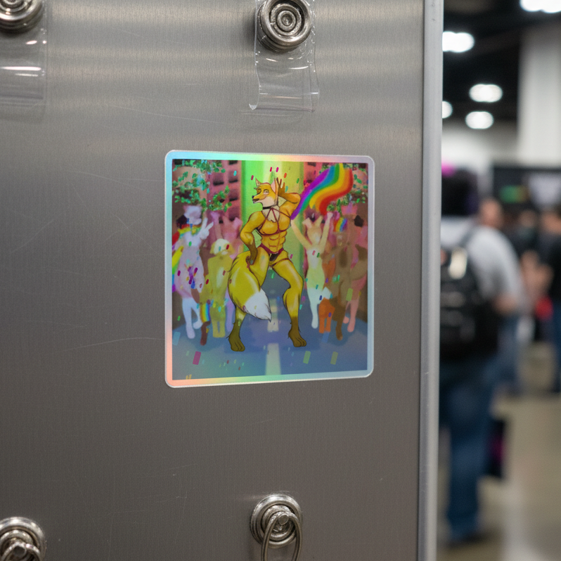 Gay Furry Pride holographic sticker shows a golden-armored horse furry holding a rainbow flag