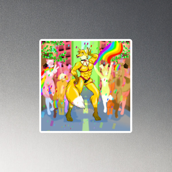 Square magnet showing a yellow fox-like furry character in red-and-black lingerie amid a cheering rainbow crowd