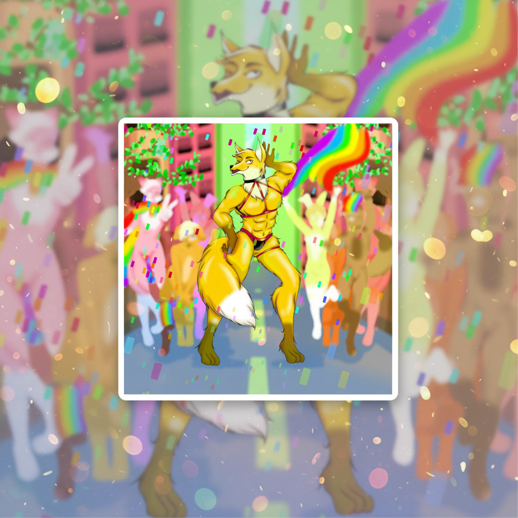 Square magnet artwork of a muscular yellow fox in a red bikini at a rainbow parade