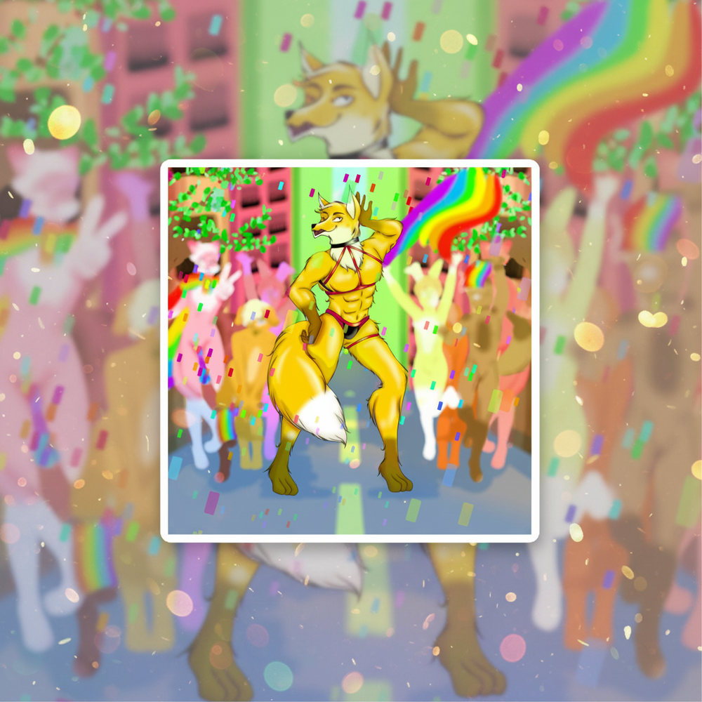 Square magnet artwork of a muscular yellow fox in a red bikini at a rainbow parade