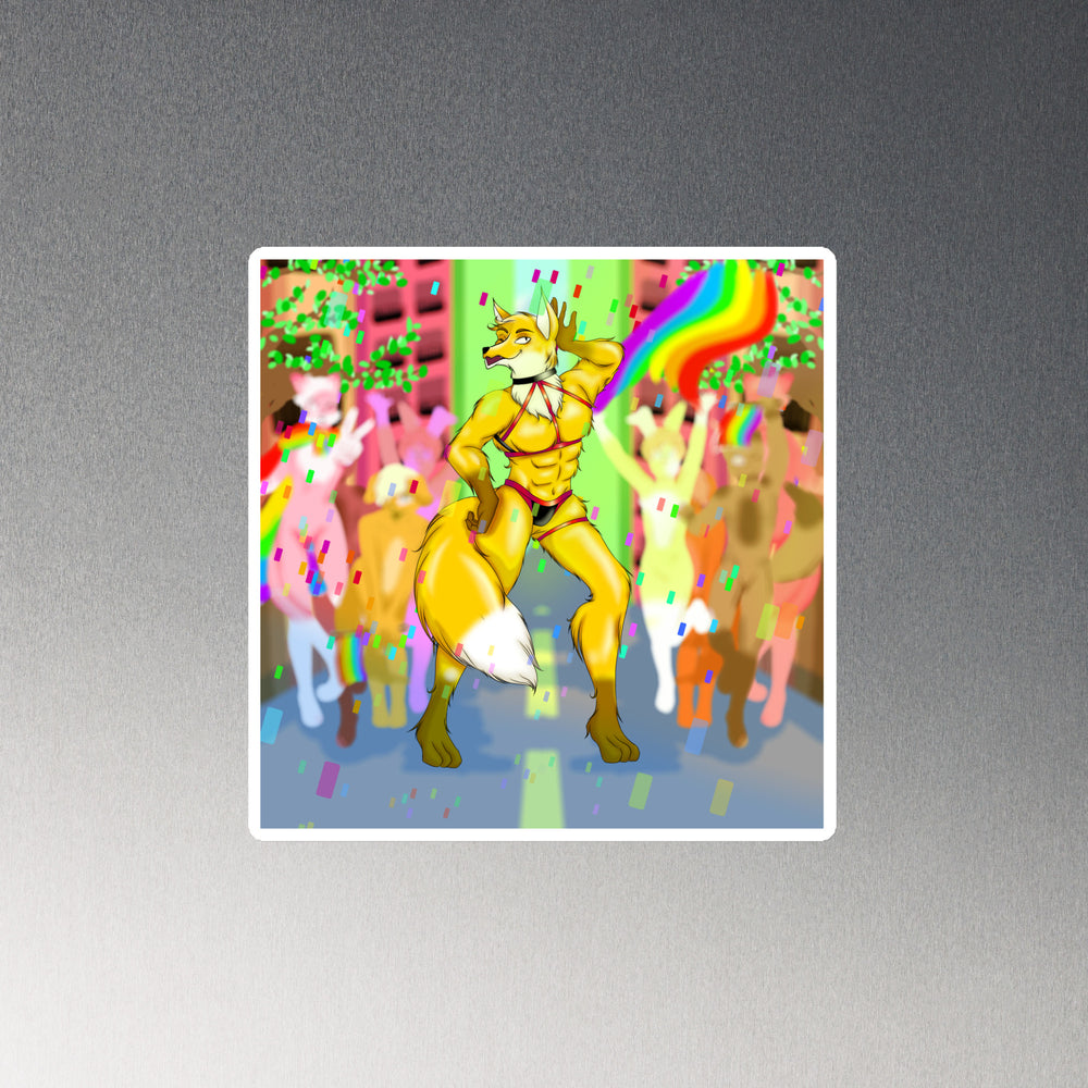 Square magnet showing a yellow fox-like furry character in red-and-black lingerie amid a cheering rainbow crowd