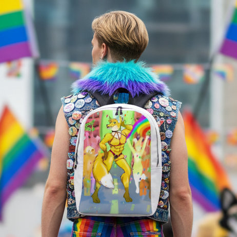 Backpack with colorful anthropomorphic animal artwork worn over a pin-covered denim vest