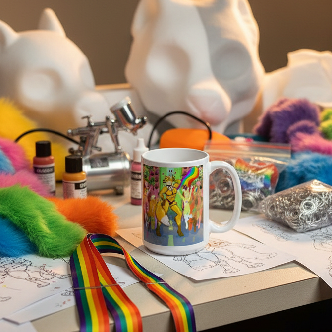 Gay furry pride mug with colorful animal artwork on a craft table