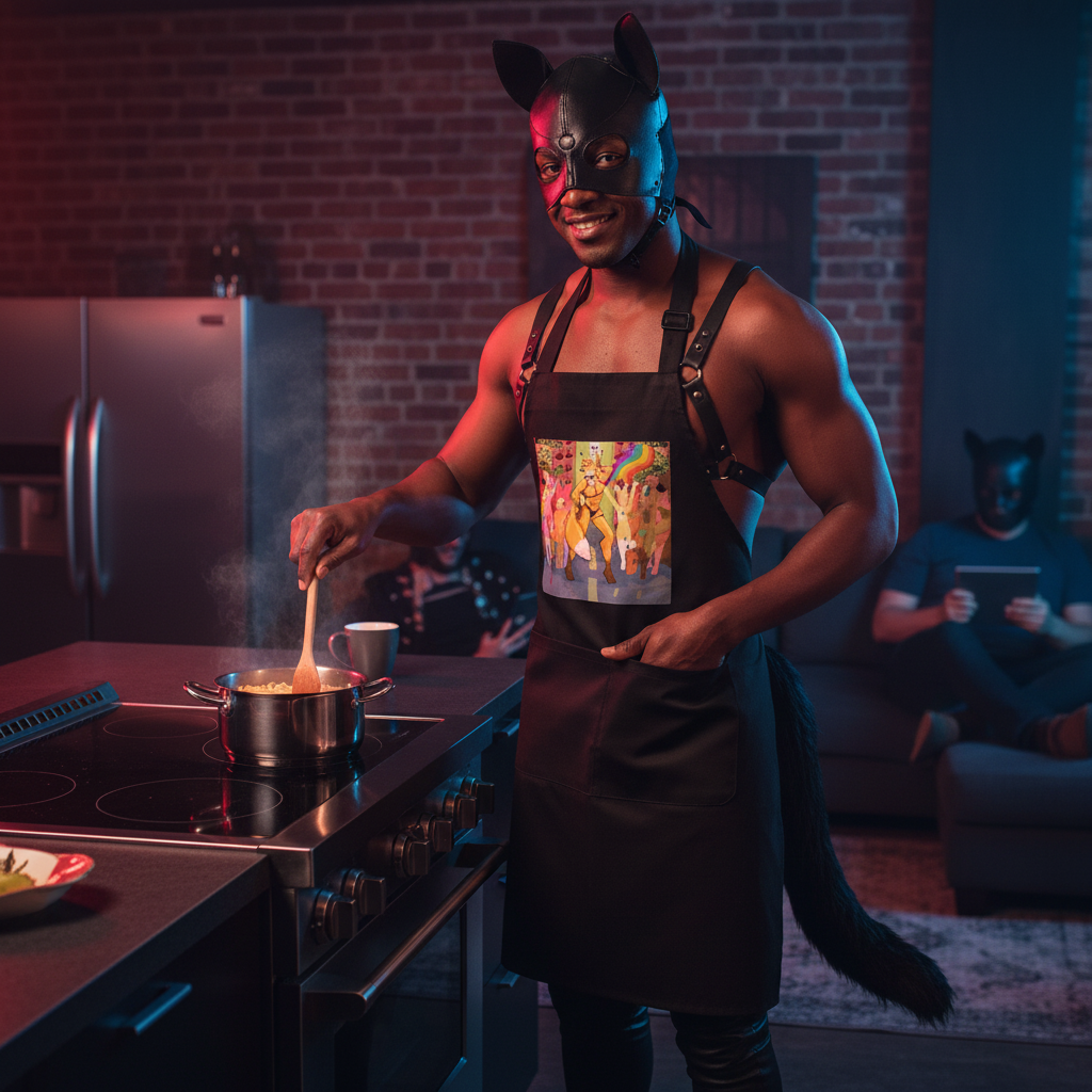 Shirtless person in a black pup mask wears a black apron while stirring a pot