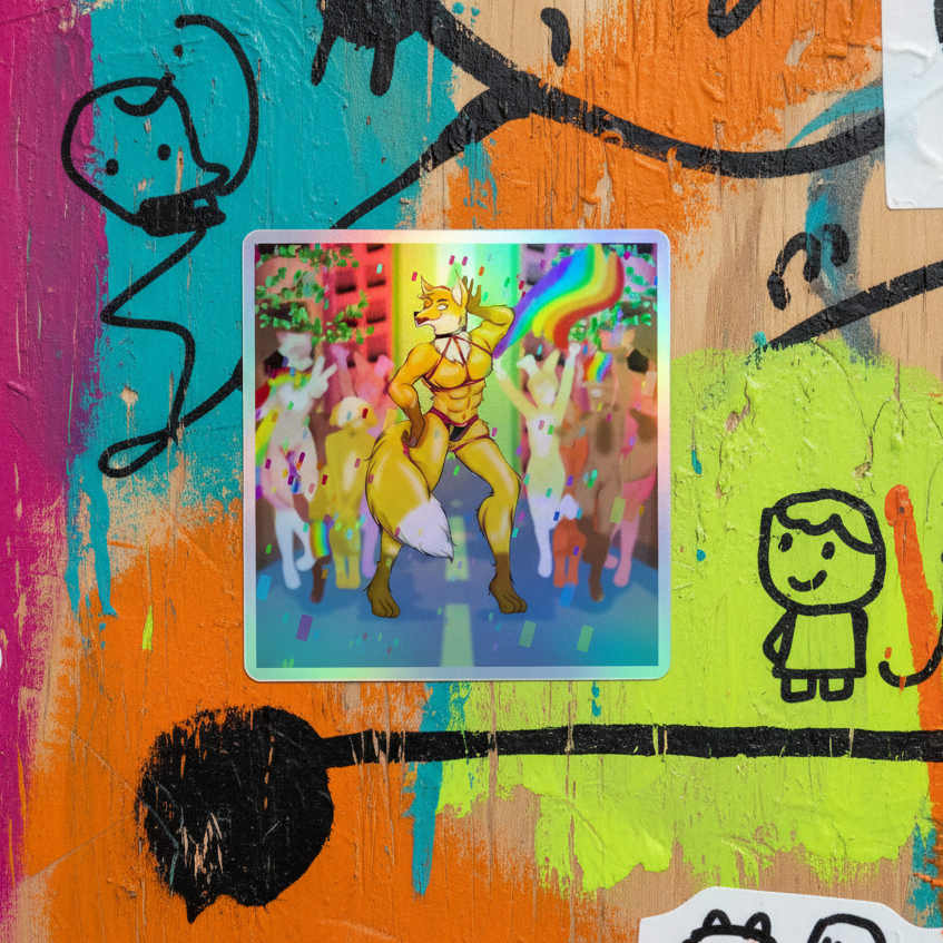 Gay Furry Pride holographic sticker featuring a yellow anthropomorphic fox dancing with a rainbow flag by a graffiti wall
