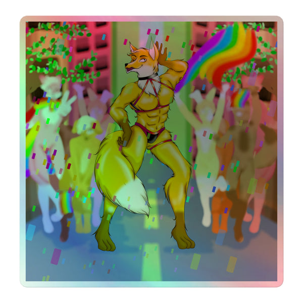 Holographic sticker showing a muscular golden fox in red harness gear at a rainbow-lit furry parade