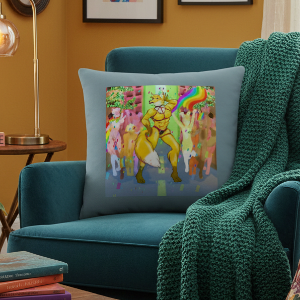 Gay Furry Pride Pillow with rainbow fox art and abstract animals on a blue armchair, green knit blanket, orange walls