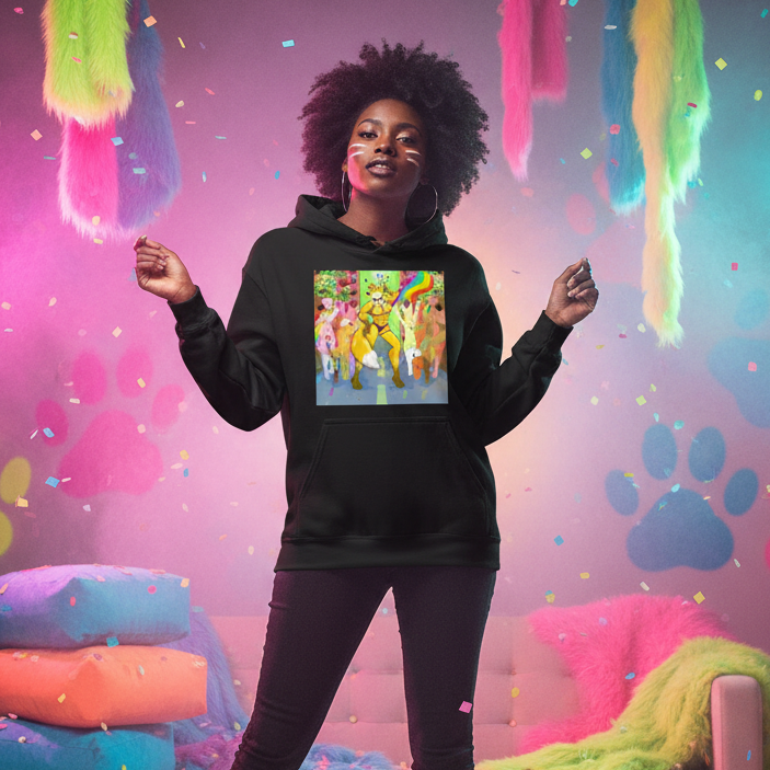 Black hoodie with a colorful dancing furry-animal graphic, worn by a person